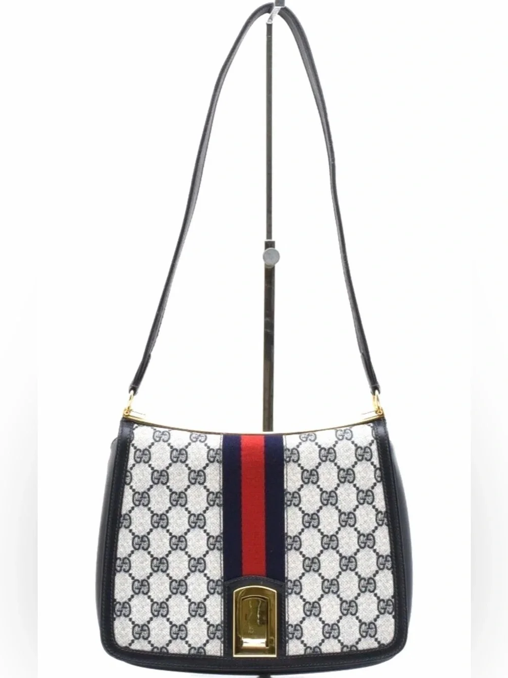 VERY RARE! Vintage GUCCI GG Sherry Shoulder Bag Purse PVC Leather Navy - Picture 2 of 13